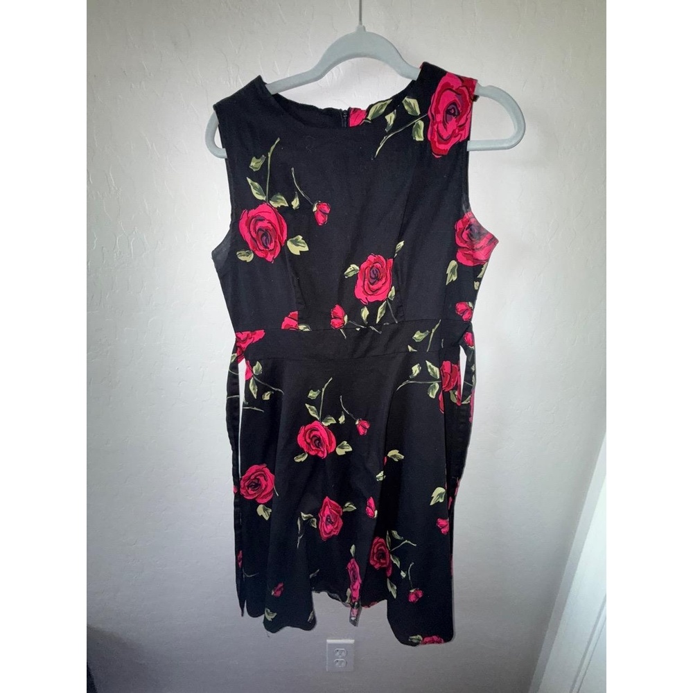 Dress Womens Size 12 Black Red Sleeveless Aline Floral Zipper Vintage Chic